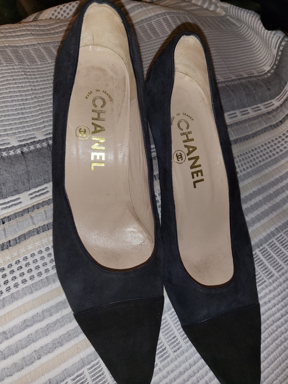CHANEL Black Suede and Black Leather Pointed Toe Pumps